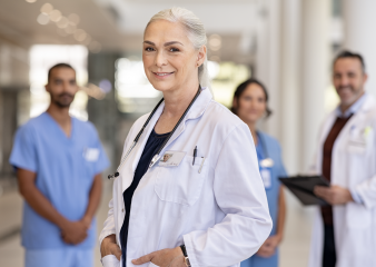 Doctors stands with other healthcare professionals, doctors, and nurse practitioners